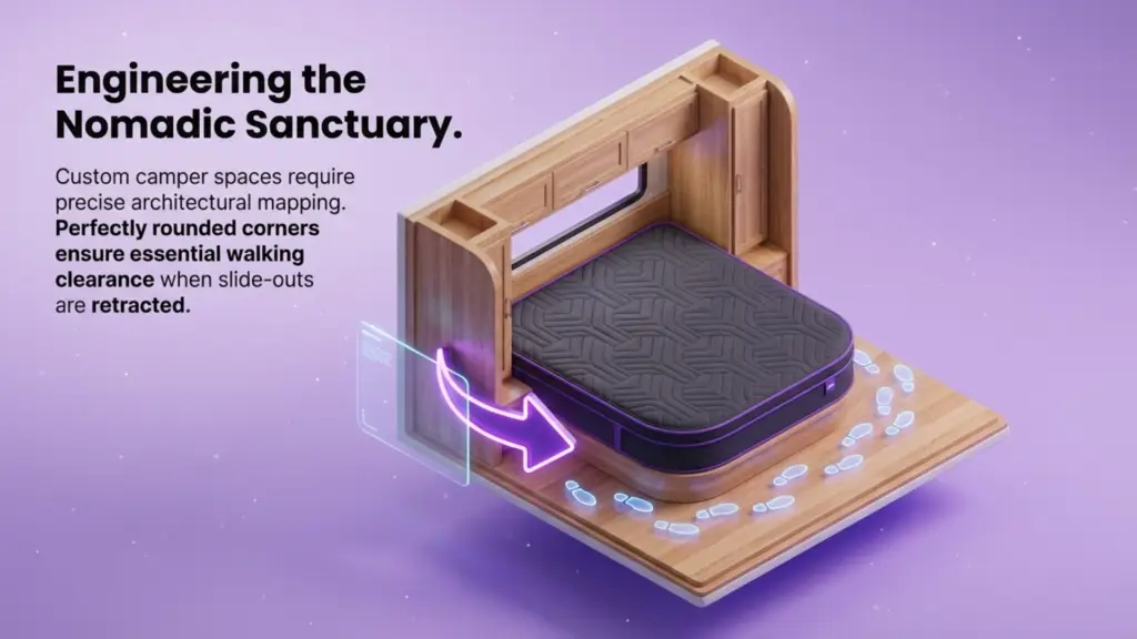 RV Space Engineering: The Advantage of Radius Corners A 3D isometric infographic titled "Engineering the Nomadic Sanctuary." It shows a dark grey mattress with purple trim fitted into a wooden camper bedroom unit. Glowing neon footprints trace a path around the rounded foot of the mattress, with a purple arrow pointing to the curved corner to emphasize walking clearance in tight spaces.