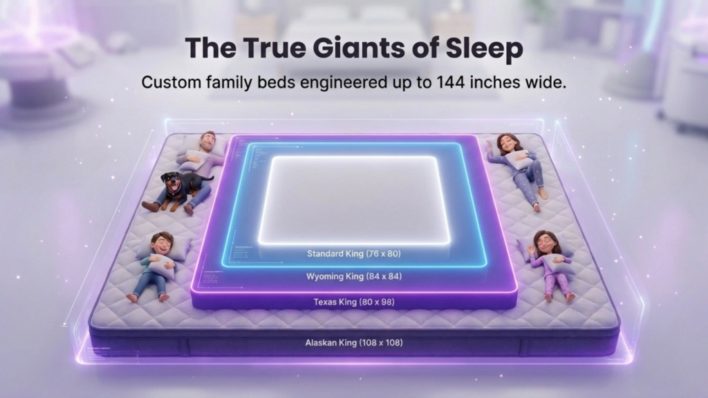 Oversized Mattress Comparison: Wyoming, Texas, and Alaskan Kings Custom family beds showcasing oversized mattress options, including Standard King, Wyoming King, Texas King, and Alaskan King, with animated characters and a dog sleeping comfortably on them.