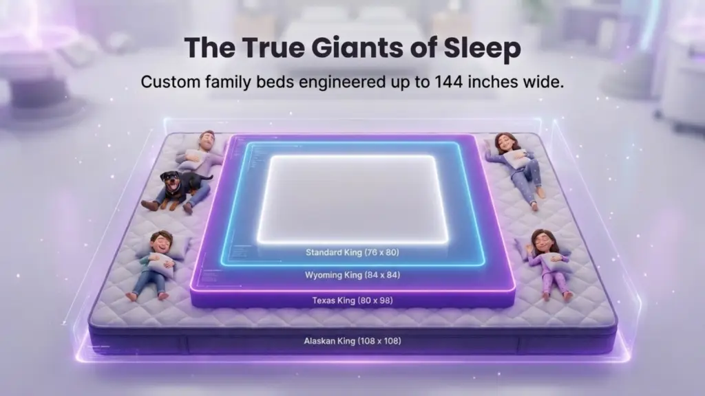 Oversized Mattress Comparison: Wyoming, Texas, and Alaskan Kings An infographic titled "The True Giants of Sleep" showing nested mattress sizes on a massive Alaskan King bed. A family of four and a dog are spaced out comfortably around the edges. Neon borders highlight the dimensions of a Standard King (76x80), Wyoming King (84x84), Texas King (80x98), and Alaskan King (108x108).
