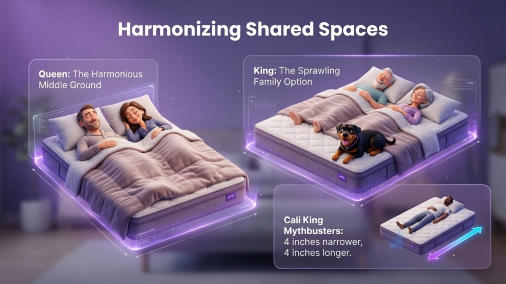 Mattress Size Comparison Guide: Queen vs. King vs. Cali King Illustration comparing Queen, King, and California King mattresses, highlighting dimensions and suitability for different sleepers, with emphasis on California King being 4 inches narrower and 4 inches longer.