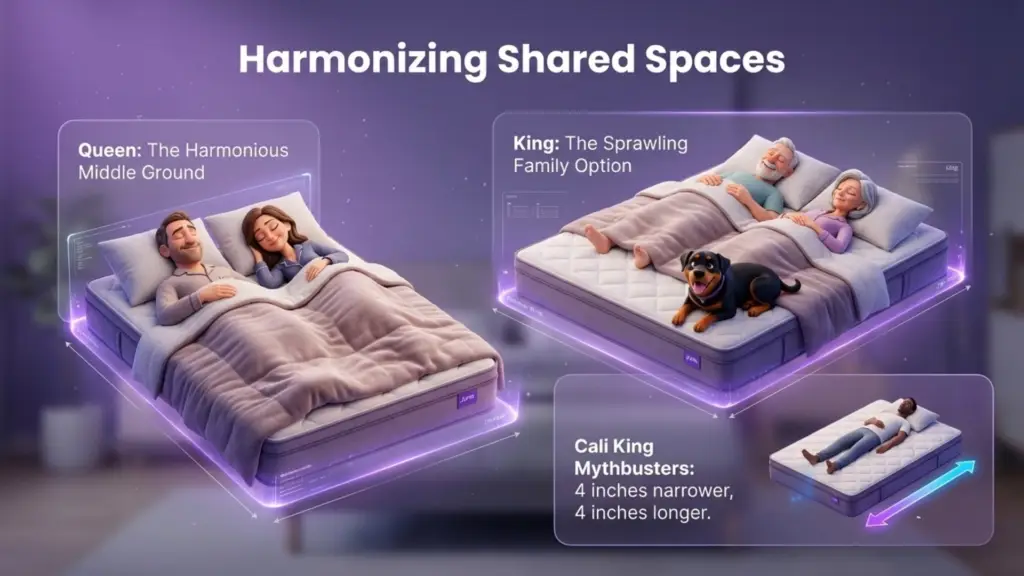 Mattress Size Comparison Guide: Queen vs. King vs. Cali King An illustrative guide titled "Harmonizing Shared Spaces" comparing three mattress sizes. A Queen bed shows a couple sleeping comfortably. A King bed shows an older couple and a dog with plenty of extra room. A smaller inset labeled "Cali King Mythbusters" shows a tall man on a bed with text explaining it is 4 inches narrower and 4 inches longer than a standard King.