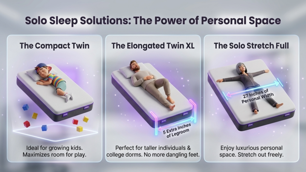 Untitled () Elongated Twin XL mattress with 5 extra inches of legroom, ideal for taller individuals and college dorms, alongside Compact Twin and Solo Stretch Full options, emphasizing personal space solutions.