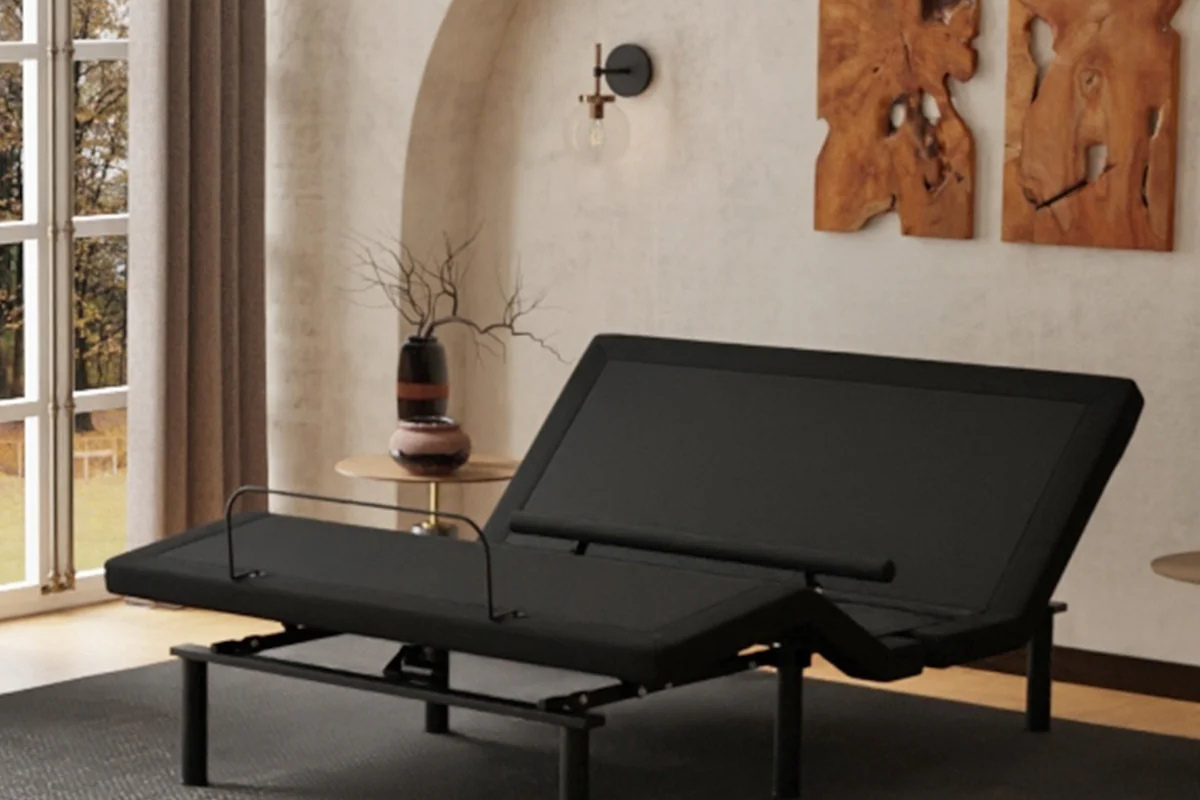 Adjustable bed in modern bedroom setting, highlighting features for health benefits, including support for acid reflux and improved sleep quality.
