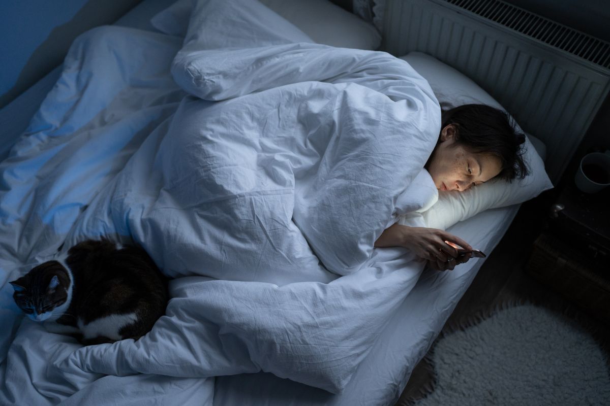 Person in bed using smartphone under white blankets with a cat nearby, illustrating the impact of late-night screen time on sleep quality.