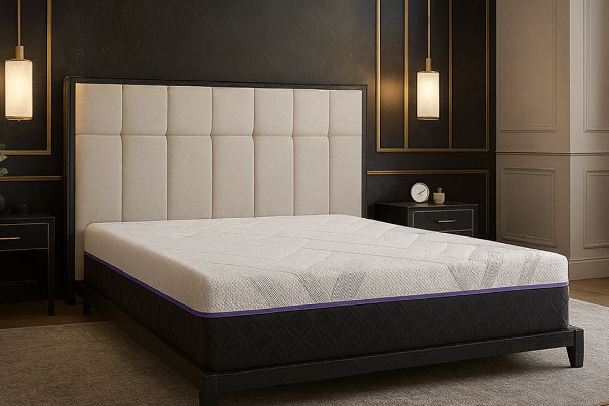 Custom mattress displayed in a stylish bedroom setting, featuring a plush headboard and modern decor, highlighting tailored solutions for unique sleeping arrangements.