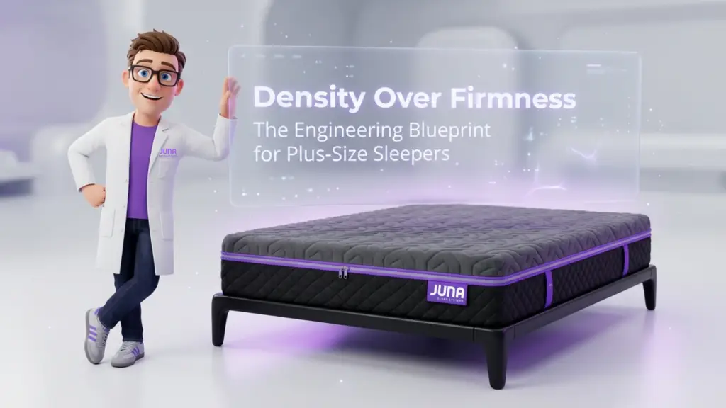 Density Over Firmness: Plus-Size Engineering Blueprint Plus-Size Sleepers. A 3D cartoon scientist leaning against a transparent digital screen displaying the text "Density Over Firmness: The Engineering Blueprint for Plus-Size Sleepers." A high-quality Juna mattress with purple accents sits on a minimalist black frame in the background.