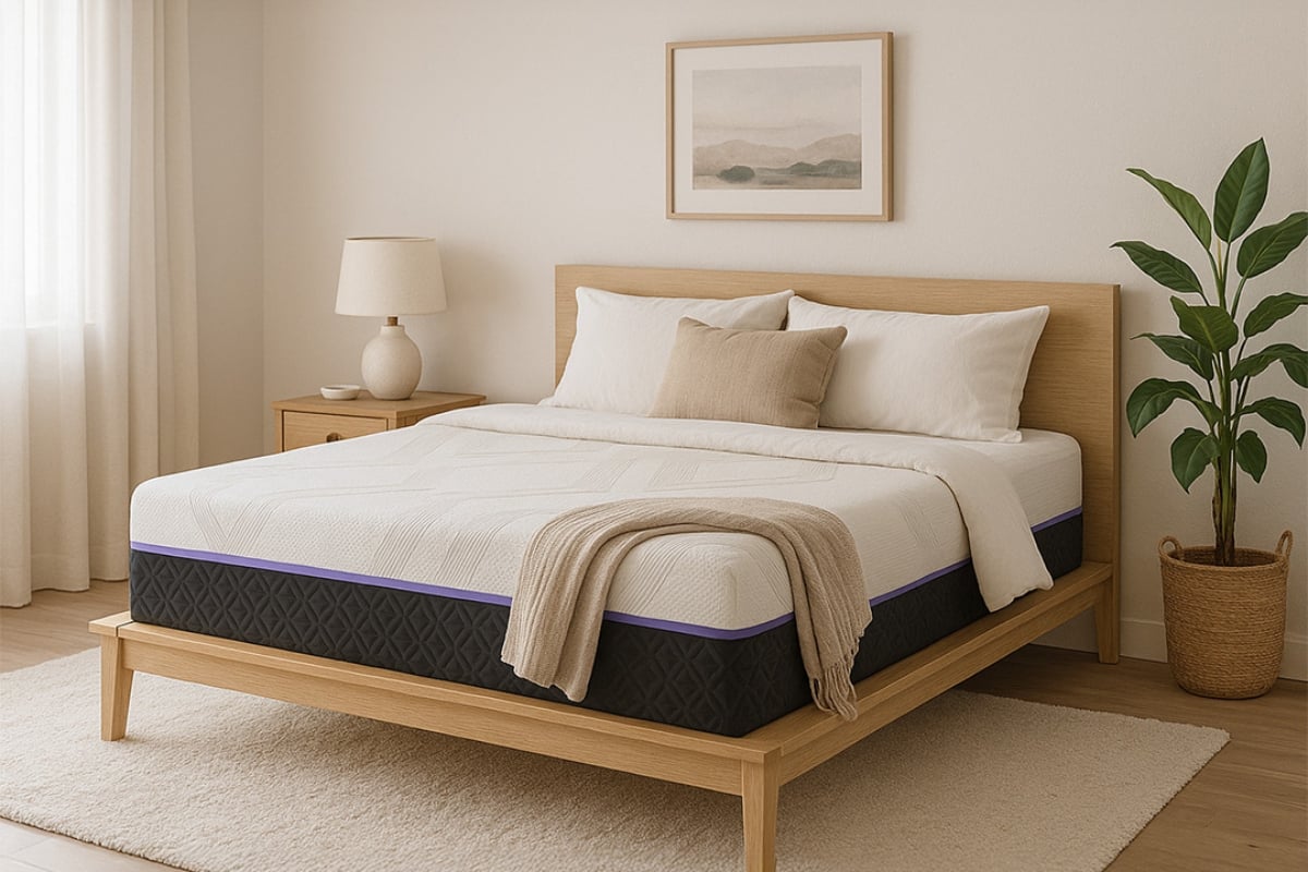 Modern bedroom featuring a hybrid mattress with a white top layer and dark base, complemented by decorative pillows, a cozy throw blanket, a bedside lamp, and a potted plant, illustrating comfort and style for sleep needs.