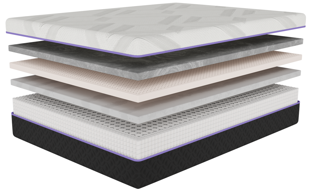 Juna #3 mattress cross-section showcasing layers of performance materials including fast-acting memory foam, organic Talalay latex, and breathable TENCEL® fabric, emphasizing pressure relief and support features.