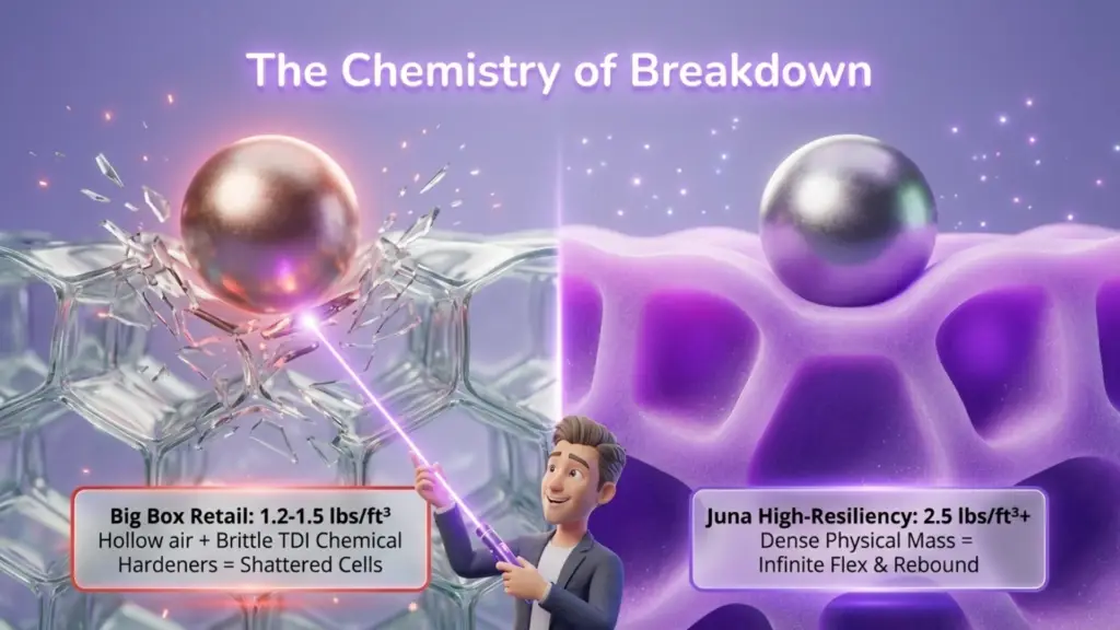 Foam Density vs. Chemical Firmness A 3D cartoon scientist standing next to a comparison of two foam samples under heavy weights. The left sample is crumbling under a "TDI Additives" warning, while the right purple sample remains resilient under a "Natural Density" icon.