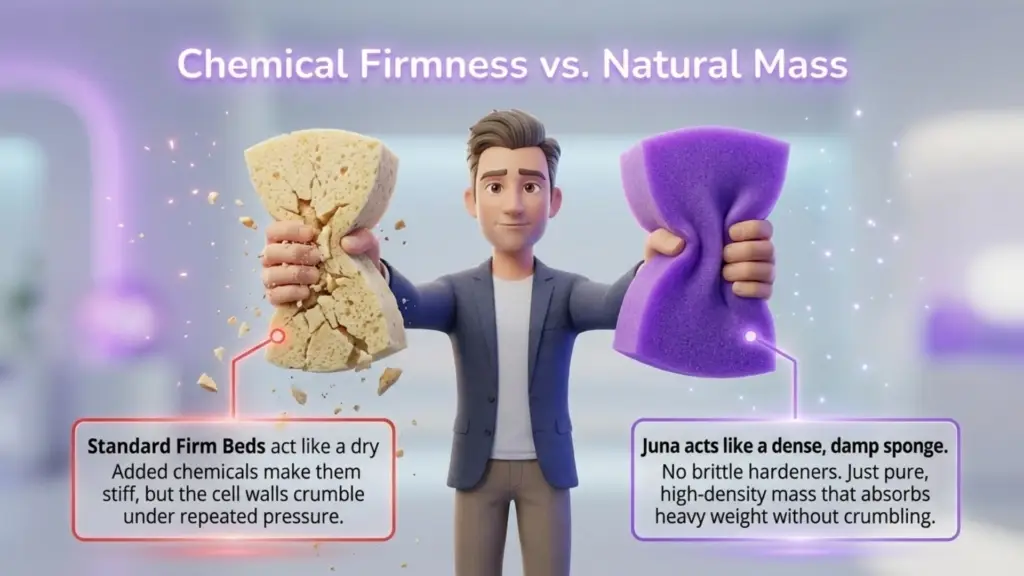 The Chemistry of Foam Breakdown A side-by-side scientific demonstration of foam durability. On the left, a heavy weight crushes brittle grey foam labeled "TDI Additives." On the right, an identical weight is supported by resilient purple foam labeled "Natural Density."