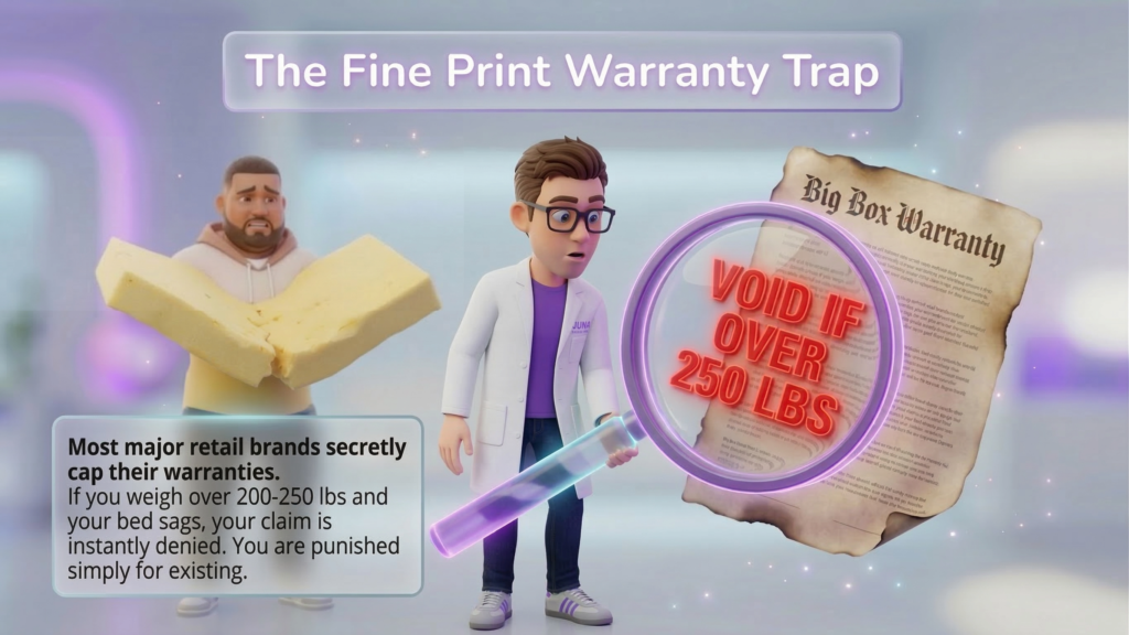Illustration depicting a character holding a piece of foam, alongside a warranty document emphasizing weight restrictions, highlighting the fine print warranty trap for plus-size mattress users.