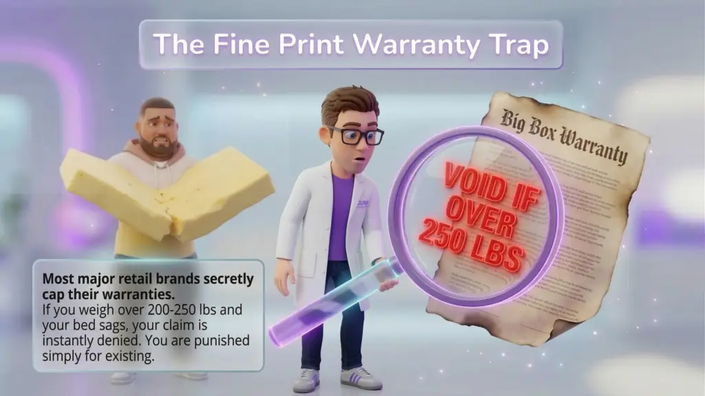 The Fine Print Warranty Trap A 3D scientist examining a "Big Box Warranty" document with a purple magnifying glass that reveals hidden text reading "VOID IF OVER 250 LBS." In the background, a man holds a sagging, broken mattress in despair.