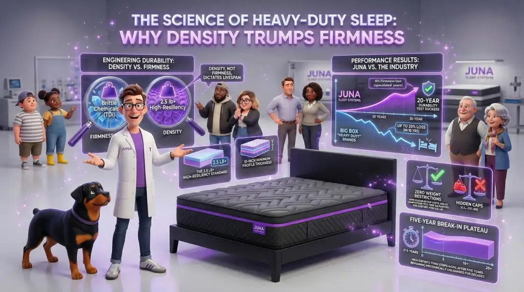 Mattress for Plus-Size sleepers. A 3D cartoon scientist in a lab coat presenting a comprehensive infographic titled "The Science of Heavy-Duty Sleep: Why Density Trumps Firmness." The graphic features performance charts, material comparisons under magnifying glasses, and a Juna mattress with zero weight restrictions.