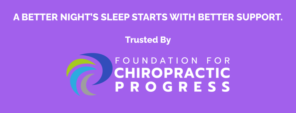 A purple banner featuring the text "A Better Night's Sleep Starts with Better Support" and the logo of the Foundation for Chiropractic Progress, emphasizing Juna Sleep Systems' commitment to quality sleep support.