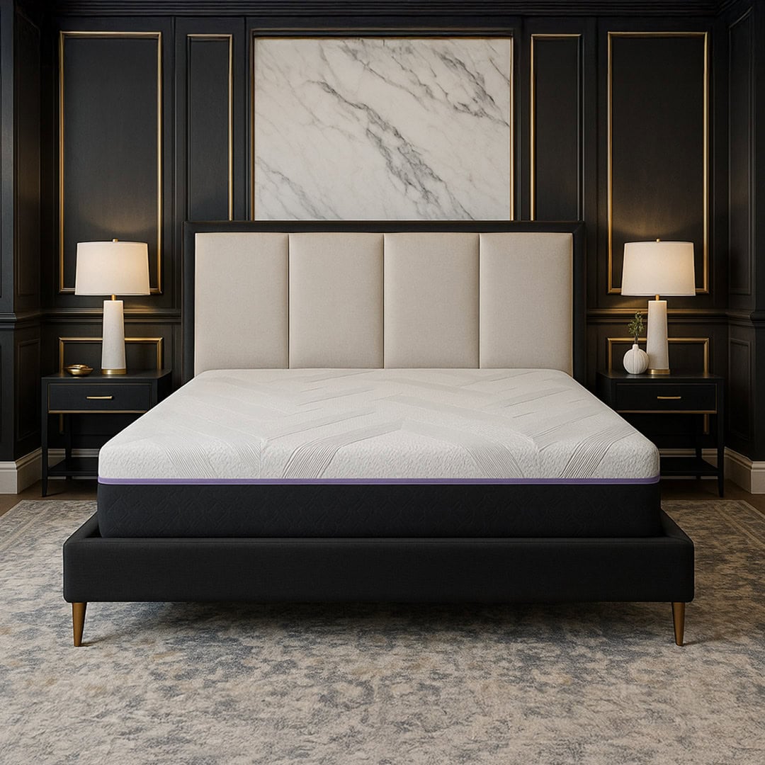 Juna H Bed with a modern design featuring a plush headboard, set in an elegant bedroom with dark walls, a marble accent, and stylish bedside lamps, highlighting Juna Sleep's commitment to quality sleep solutions.