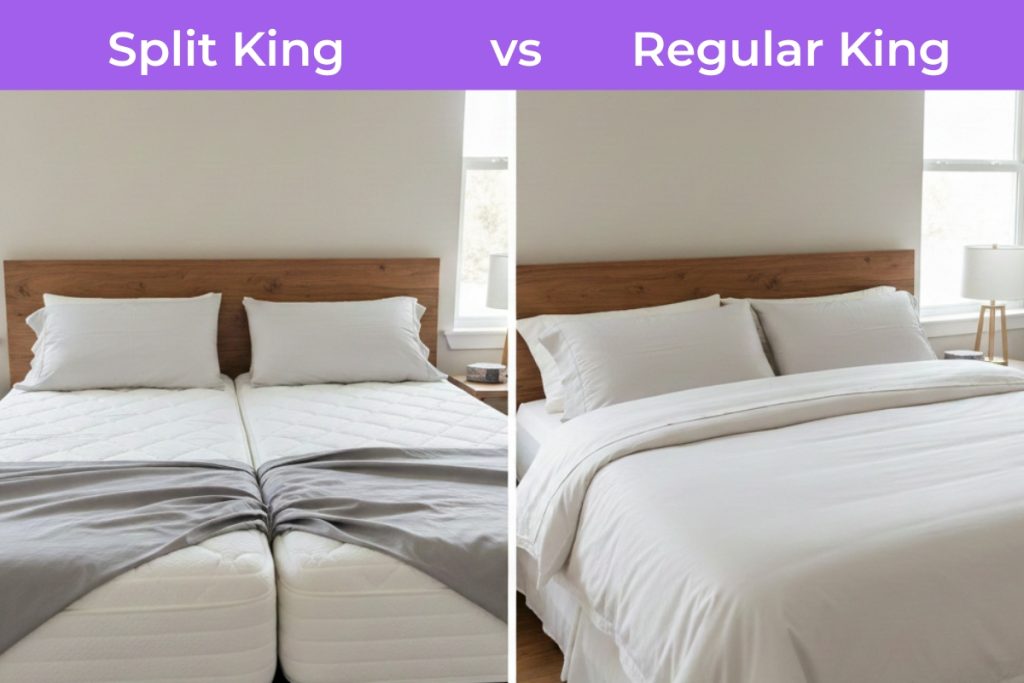 Split King mattress on the left with two Twin XL beds side by side, contrasted with a Regular King mattress on the right, showcasing differences in design and firmness options for couples.