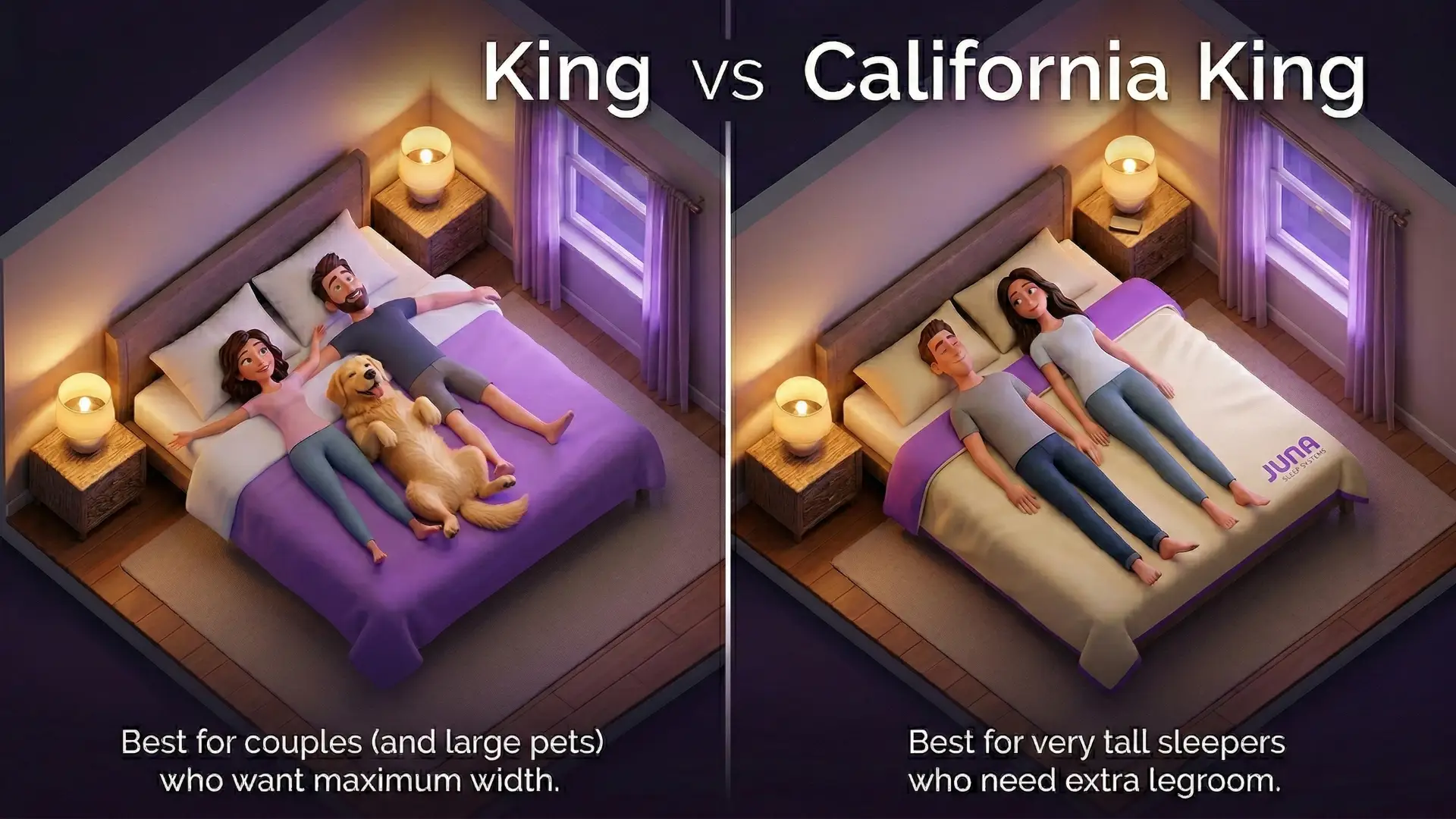 A split screen D illustration comparing a King vs California King mattress in a cozy bedroom with warm purple lighting