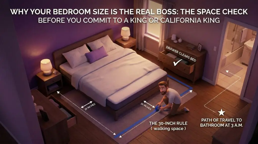 A high-quality 3D "Pixar-style" illustration of a cozy bedroom with warm, cinematic lighting in purple and gold tones. A friendly, expressive male character is kneeling on a wooden floor, using blue painter's tape to mark a perimeter around a large Juna mattress.