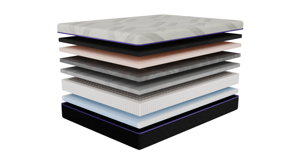 Juna #4 mattress layers showcasing performance canvas border fabric, memory foam, and organic latex, emphasizing comfort and balance for optimal sleep.