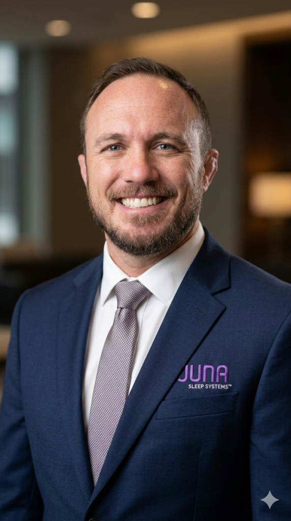 Man in a suit smiling, featuring a "JUNA SLEEP SYSTEMS" logo on his pocket, representing customer service and personalized sleep solutions at Juna Sleep Systems in Sioux Falls.