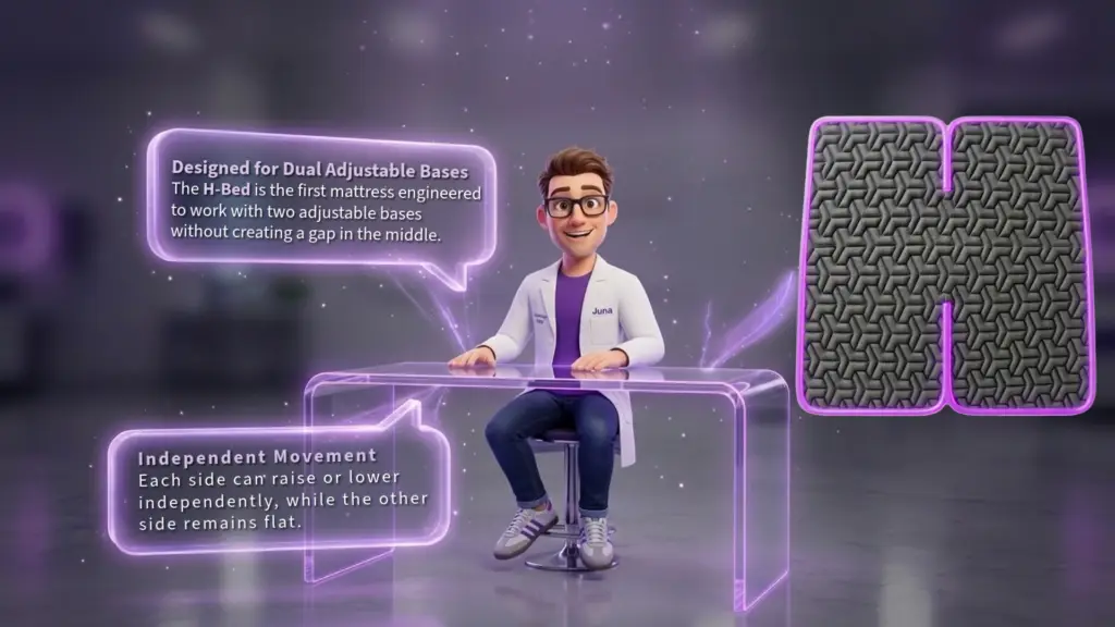 The H-Bed: Engineered for Dual Adjustable Bases A 3D cartoon scientist sitting at a glowing purple desk, explaining the features of an "H-Bed" mattress. To the right is a top-down view of a grey textured mattress shaped like a capital 'H' with a purple neon border.