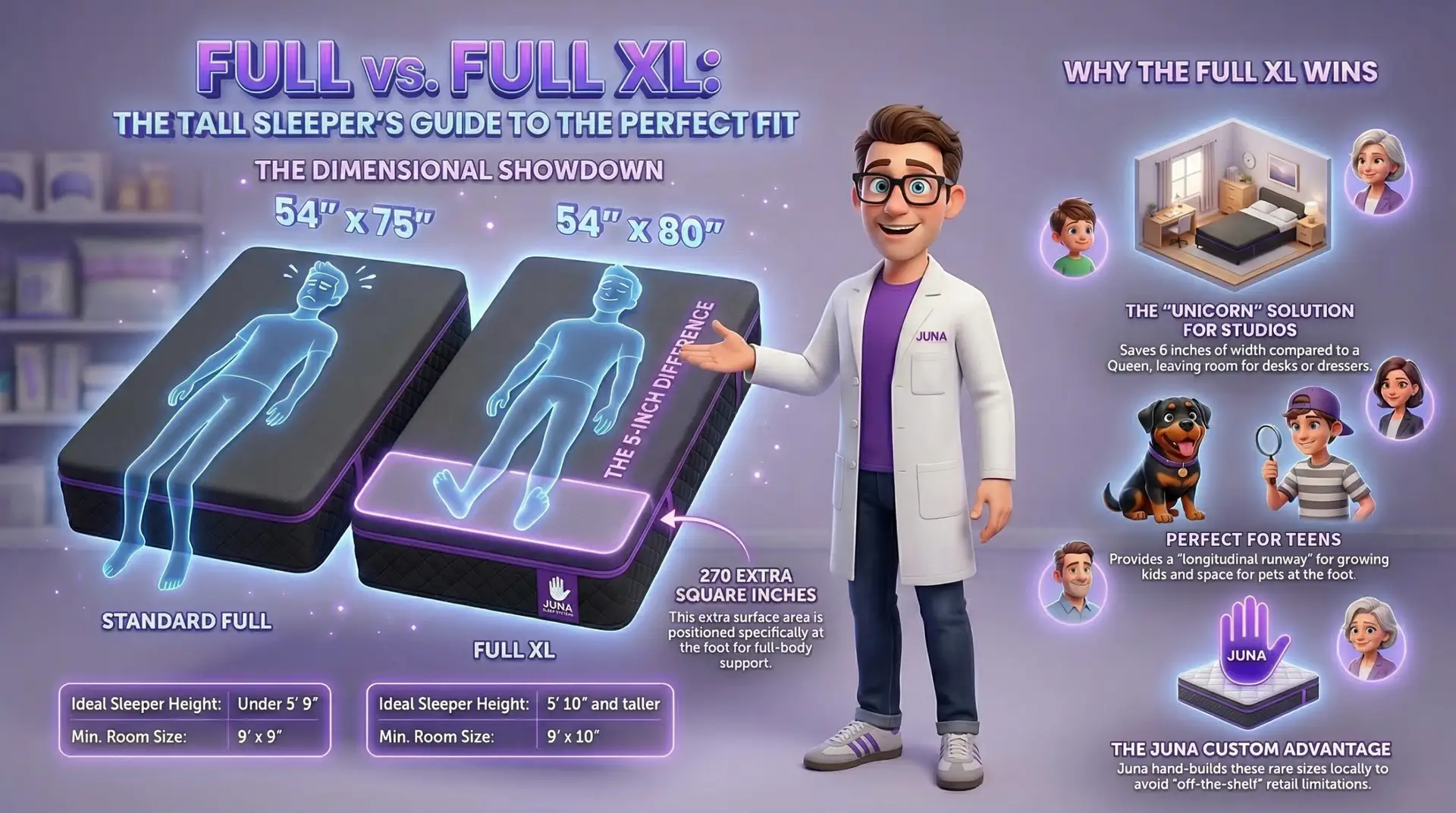 A 3D cartoon scientist comparing a Standard Full mattress (54" x 75") to a Full XL mattress (54" x 80"). Holographic figures show a tall person's feet hanging off the Standard Full, while fitting perfectly on the Full XL.