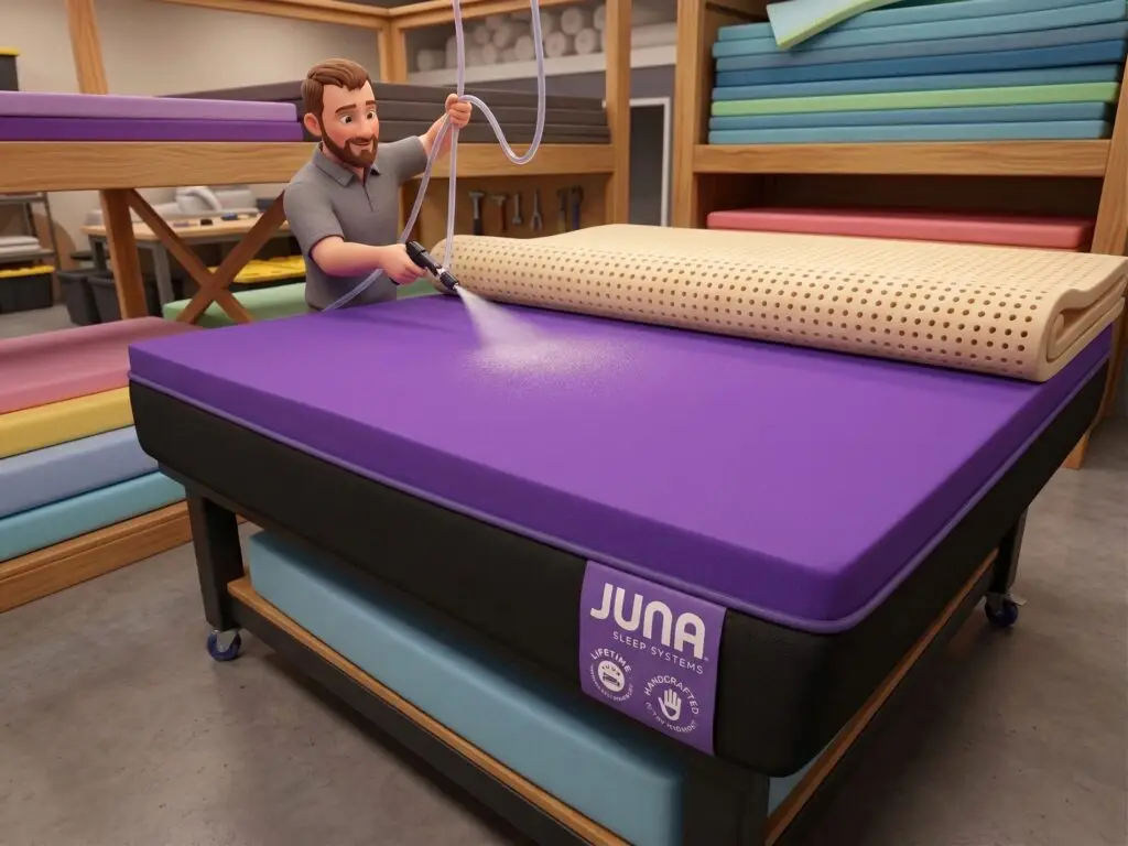 The Ultimate Factory Direct Mattress Authority Guide: A local craftsman building a high-density factory direct mattress at Juna Sleep Systems.
