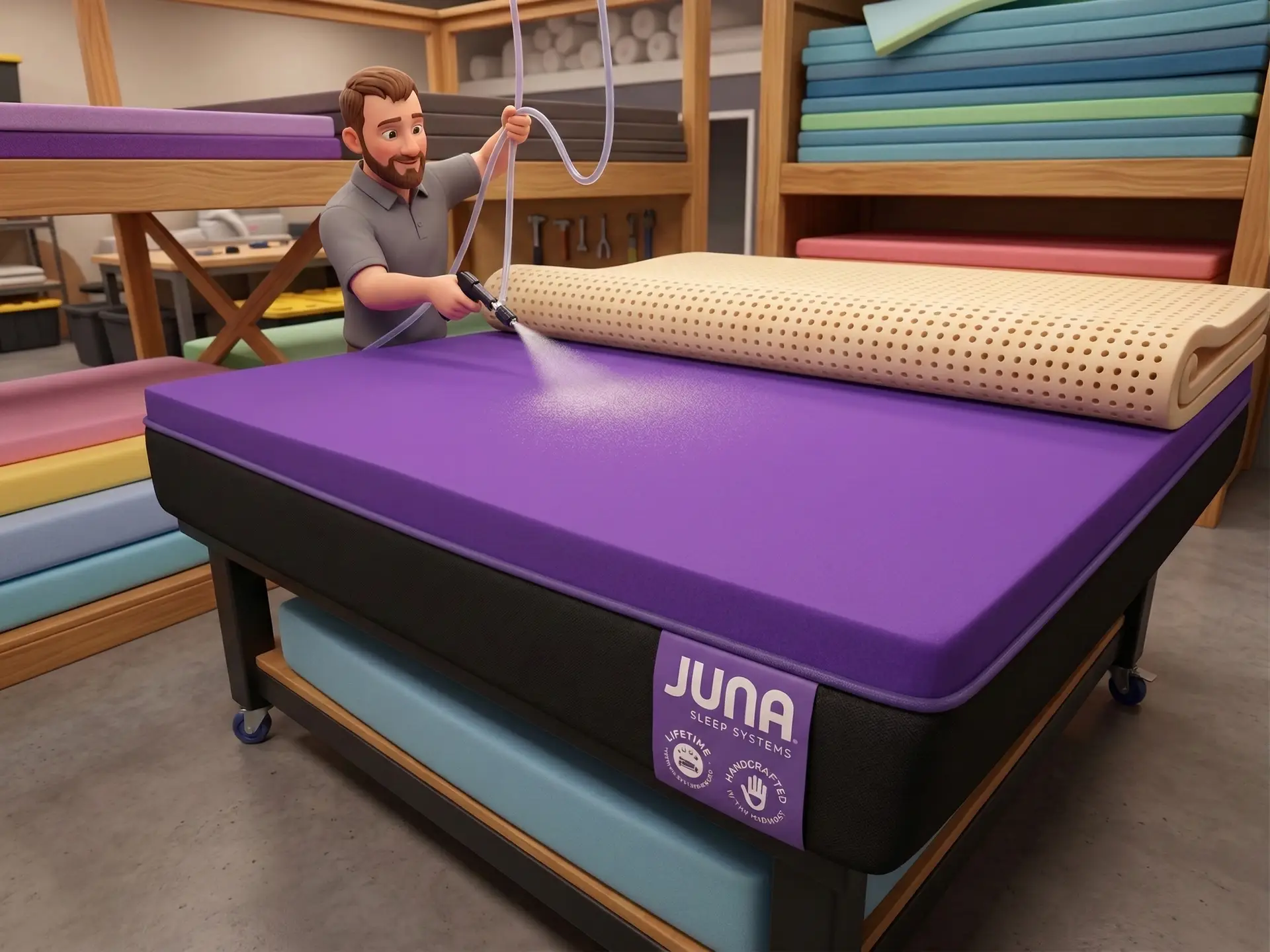 The Ultimate Factory Direct Mattress Authority Guide: A local craftsman building a high-density factory direct mattress at Juna Sleep Systems.