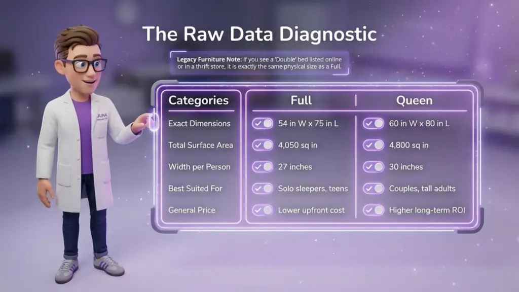 Full vs. Queen Bed Comparison Infographic A 3D cartoon scientist character pointing to a glowing neon purple infographic titled "The Raw Data Diagnostic." The chart compares Full and Queen bed sizes across categories like dimensions, surface area, and best-suited users.