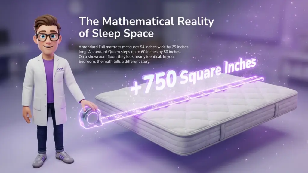 The Mathematical Reality of Sleep Space A 3D cartoon scientist character holding a glowing purple tape measure across a levitating mattress. Large neon text above the mattress reads "+750 Square Inches," illustrating the surface area difference between a Full and Queen mattress.