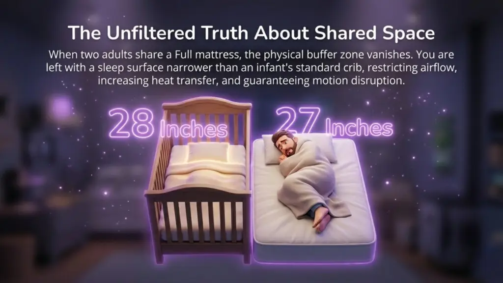The Unfiltered Truth About Shared Space A side-by-side comparison of an infant's crib and a man sleeping on half of a Full mattress. Glowing purple text shows "28 Inches" for the crib and "27 Inches" for the man's share of the bed, illustrating that a shared Full bed provides less space per person than a crib.