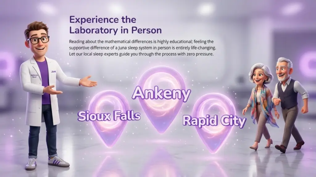 Visit Juna Sleep Systems in Person A 3D cartoon scientist gesturing toward three glowing purple map pins labeled "Sioux Falls," "Ankeny," and "Rapid City." On the right, an older 3D cartoon couple walks happily toward the locations
