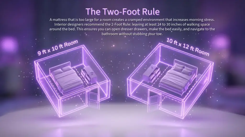 The Two-Foot Rule for Bedroom Layouts Two glowing purple holographic room wireframes illustrating "The Two-Foot Rule" for bedroom layout. One 9ft x 10ft room shows a cramped bed and dresser, while a 10ft x 12ft room shows a more spacious setup with proper walking clearance.
