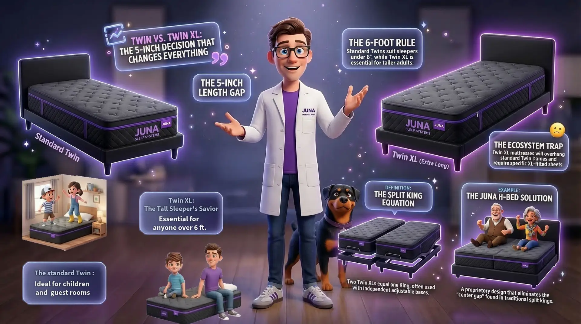 Twin vs Twin XL. A 3D cartoon scientist standing in a bedroom setting, presenting an infographic titled "Twin vs. Twin XL: The 5-Inch Decision That Changes Everything." The graphic compares standard and extra-long twin mattresses with callouts for "The 6-Foot Rule" and "The Ecosystem Trap."