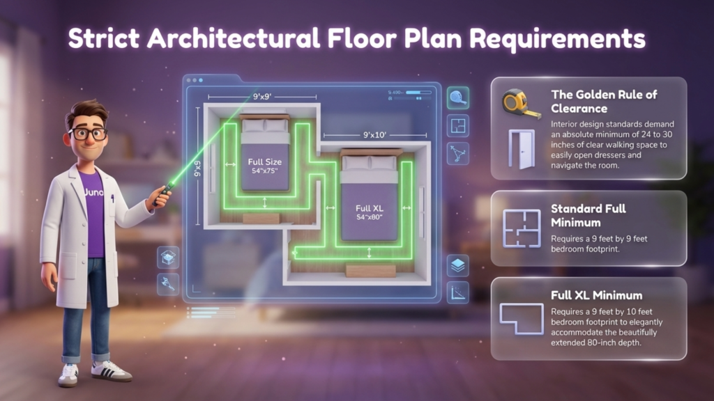 Illustration of architectural floor plan requirements for Full and Full XL mattresses, featuring a character pointing out dimensions of 9x9 feet and 9x10 feet, with highlighted clearance space and text on the "Golden Rule of Clearance."