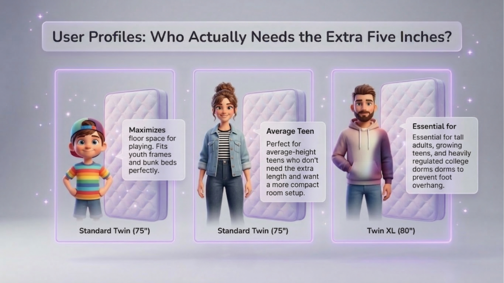User profiles for mattress sizes: child maximizing floor space with Standard Twin (75"), average-height teen with Standard Twin (75"), and tall adult needing Twin XL (80") to prevent foot overhang.