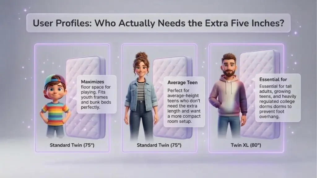 An infographic titled "User Profiles: Who Actually Needs the Extra Five Inches?" showing a child and a teen next to a Standard Twin (75") and a man next to a Twin XL (80").