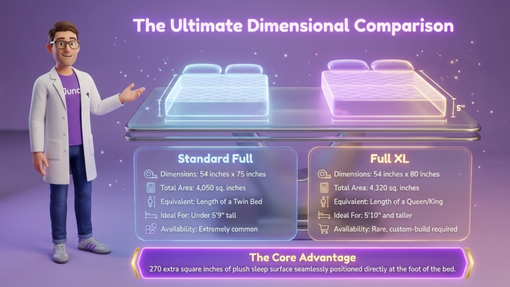 Standard Full and Full XL mattress comparison with dimensions, ideal heights, and core advantages displayed by a cartoon character in a lab coat.