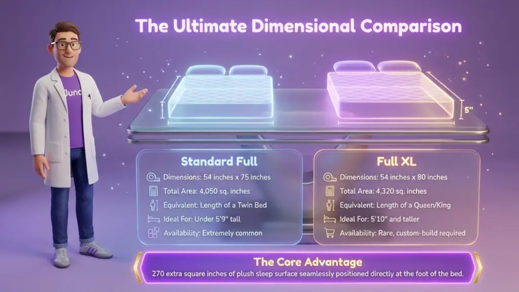 Full Vs Full XL. UntitledA 3D cartoon scientist standing next to a laboratory table featuring two holographic mattress models. The image compares the "Standard Full" in blue and the "Full XL" in gold, detailing dimensions, surface area, and ideal sleeper height for each.