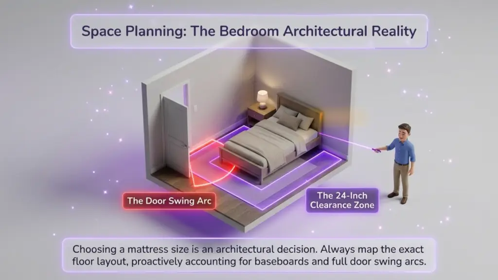 A 3D room diagram titled "Space Planning: The Bedroom Architectural Reality" showing a bed in a room with a red "Door Swing Arc" and a purple "24-Inch Clearance Zone."