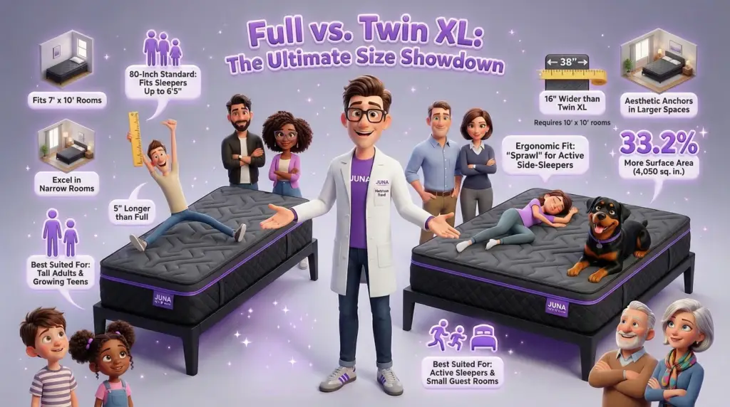Full vs Twin XL. A 3D cartoon scientist stands between a Twin XL mattress and a Full mattress, surrounded by diverse cartoon families and individuals. The infographic compares the two sizes, highlighting that the Full mattress offers 33.2% more surface area and is 16 inches wider than the Twin XL