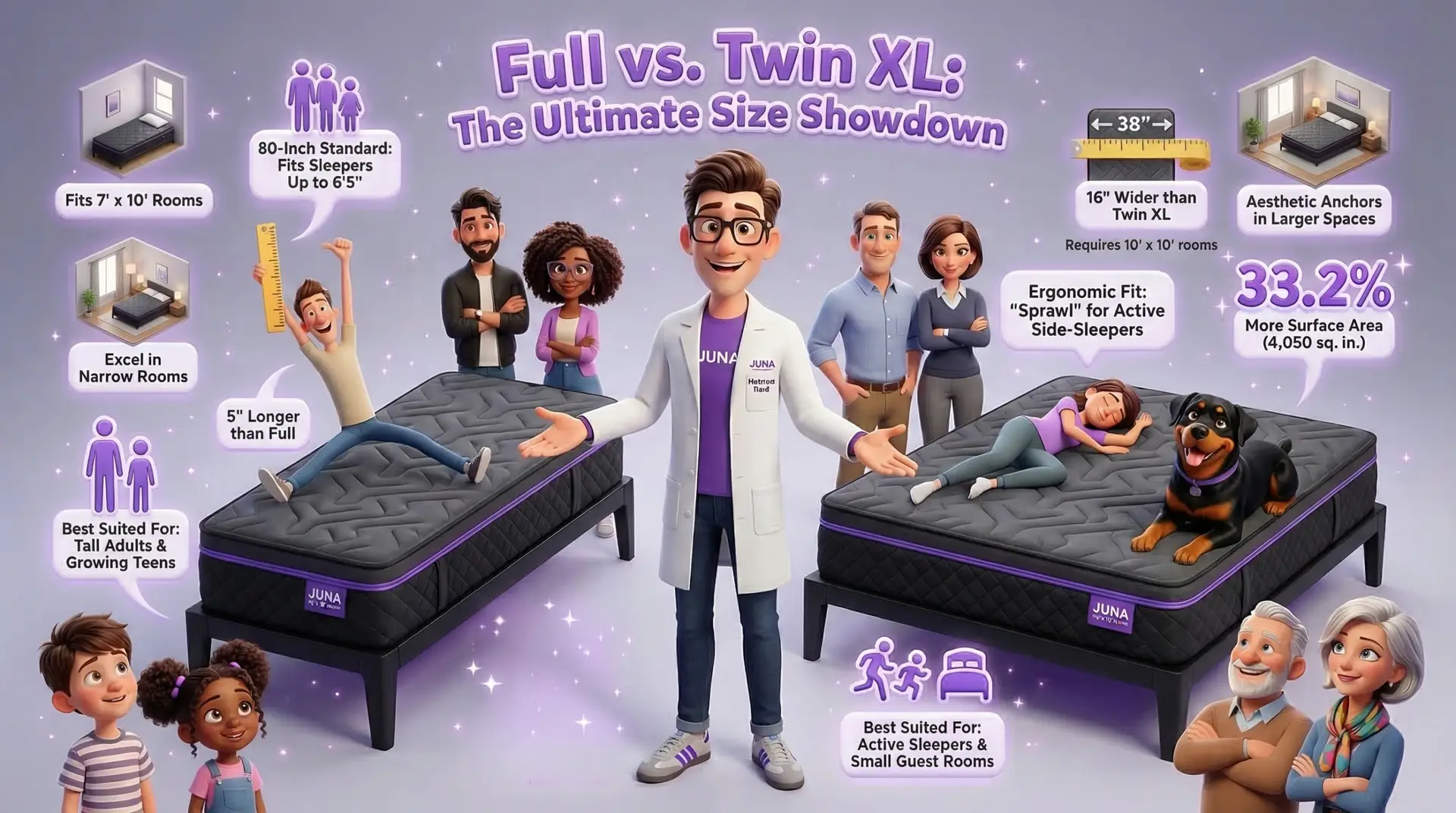 Full vs Twin XL. A 3D cartoon scientist stands between a Twin XL mattress and a Full mattress, surrounded by diverse cartoon families and individuals. The infographic compares the two sizes, highlighting that the Full mattress offers 33.2% more surface area and is 16 inches wider than the Twin XL