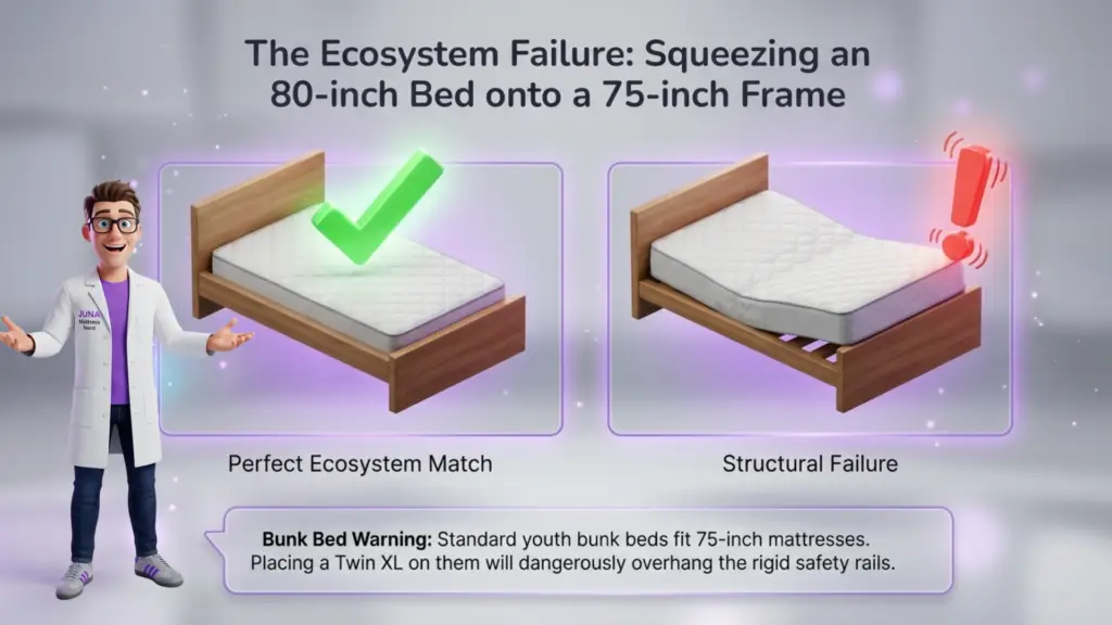 The Ecosystem Failure" comparing a "Perfect Ecosystem Match" bed to a "Structural Failure" where an 80-inch mattress is forced onto a 75-inch frame.