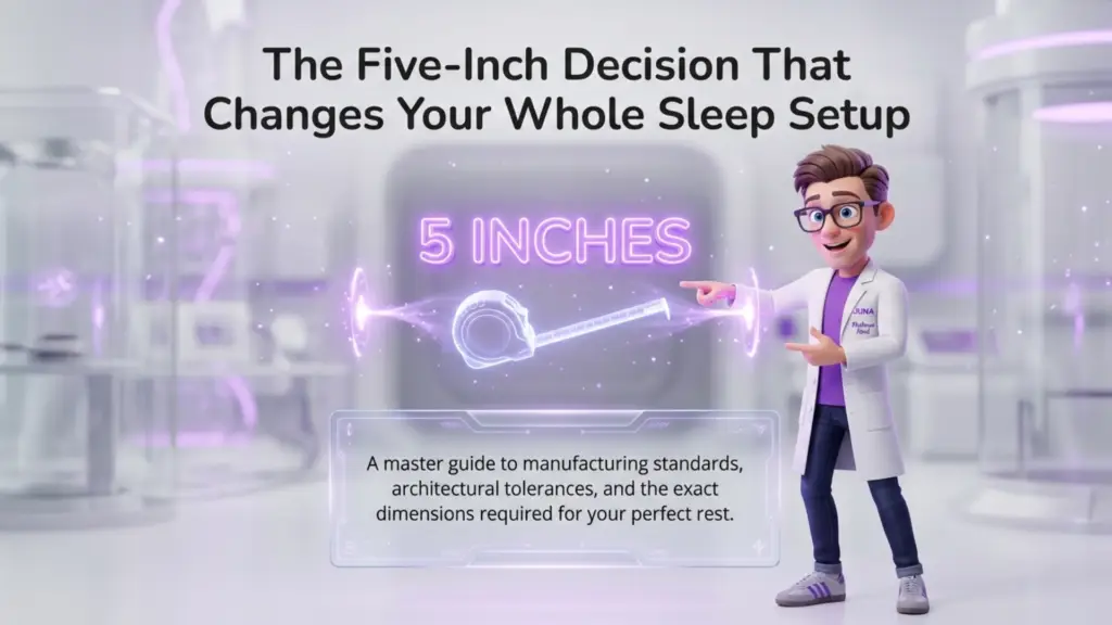 A 3D scientist in a lab setting pointing to a glowing "5 INCHES" measurement on a tape measure. The text below describes it as a master guide to manufacturing standards.