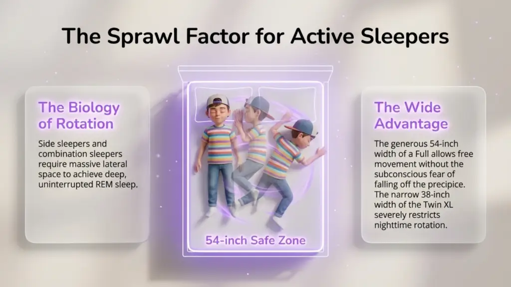 The Sprawl Factor: Why Width Matters for Active Sleepers An infographic titled "The Sprawl Factor for Active Sleepers" showing a 3D cartoon boy in various sleeping positions across a mattress. A glowing purple outline labeled "54-inch Safe Zone" illustrates how a Full-sized bed accommodates movement.
