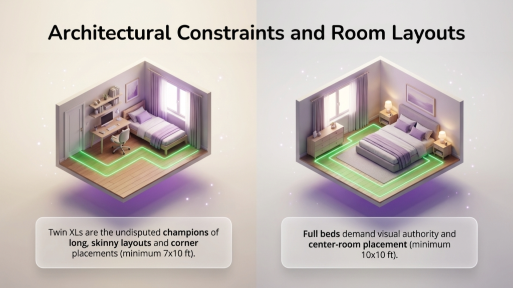 Full vs. Queen: Raw Data Comparison Illustration comparing room layouts for Twin XL and Full beds, highlighting Twin XL's suitability for long, skinny spaces and Full bed's requirement for center-room placement in bedrooms measuring at least 10x10 feet.