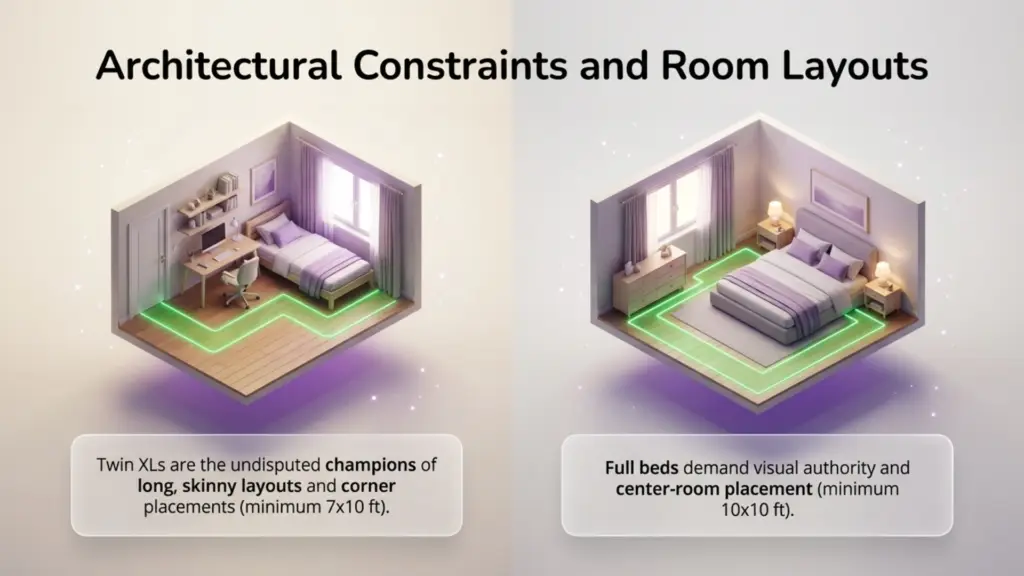 Full vs. Queen: Raw Data Comparison A 3D cartoon scientist pointing to a glowing neon infographic titled "The Raw Data Diagnostic" comparing Full and Queen mattresses.