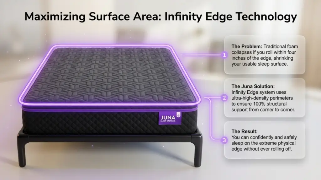 Maximizing Surface Area: Infinity Edge Technology Full Vs. Twin XL. A close-up of a Juna mattress with a glowing purple neon border around the top edge. Three text boxes explain how Infinity Edge Technology prevents foam collapse and maximizes the usable sleep surface.
