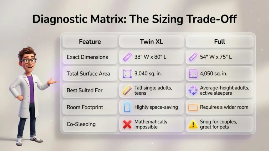 Twin XL vs. Full Mattress An 3D cartoon scientist in a lab coat pointing a glowing purple wand at a comparison table titled "Diagnostic Matrix: The Sizing Trade-Off." The table compares Twin XL and Full mattresses across dimensions, surface area, and suitability.