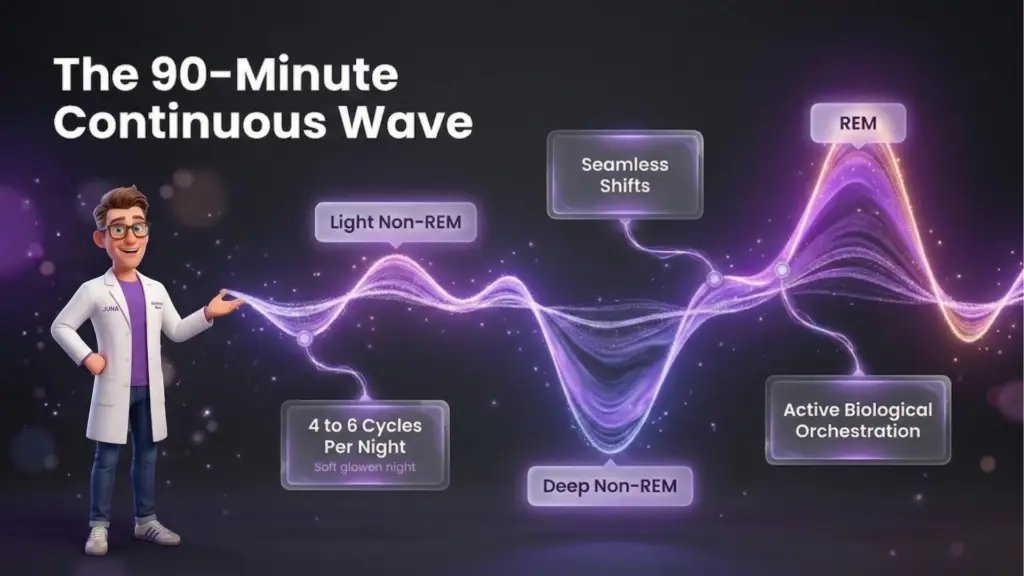 The 90-Minute Sleep Cycle Wave A flowing, glowing wave chart illustrating the transition between Light Non-REM, Deep Non-REM, and REM sleep over a 90-minute cycle.